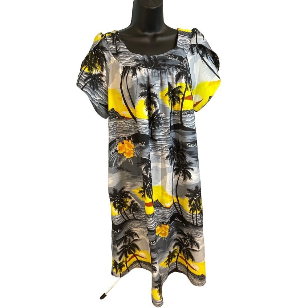 Royal Creations Hawaii Black Yellow Tropical Lightweight Short Sleeve Mumu Sz XL